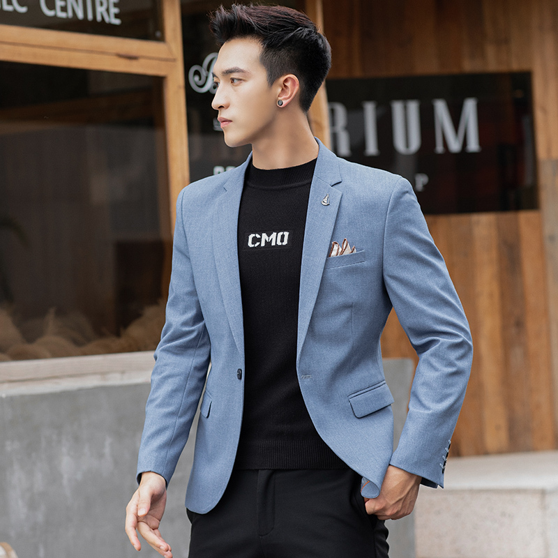 Suit for Young Men, Korean Style, Handsome, Slim Fit, Sky Blue Single-Breasted Casual Jacket, Spring Small Suit, Men's Suit, Trendy