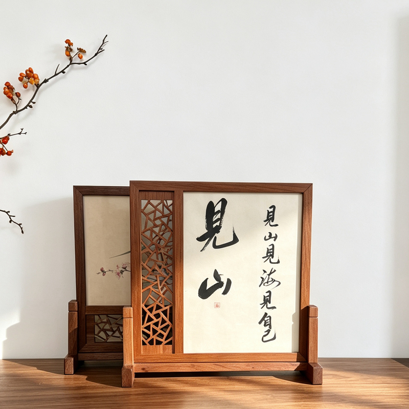 Solid Wood Folding Screen Chinese Calligraphy and Painting Framed Display Desktop Small Screen Ornament Walnut Wood Photo Frame
