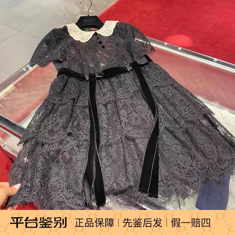 0202 In-Stock Size 38 Gucci Women's Lace Short-Sleeve Black Dress Summer Two-Piece Set with Straps
