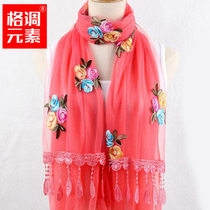Autumn Winter Thin Silk Scarves Women Han Version Embroidered Flowers Scarves Womens Double Layer Splicing Lace 100 Hitch Fashion Scarf scarves