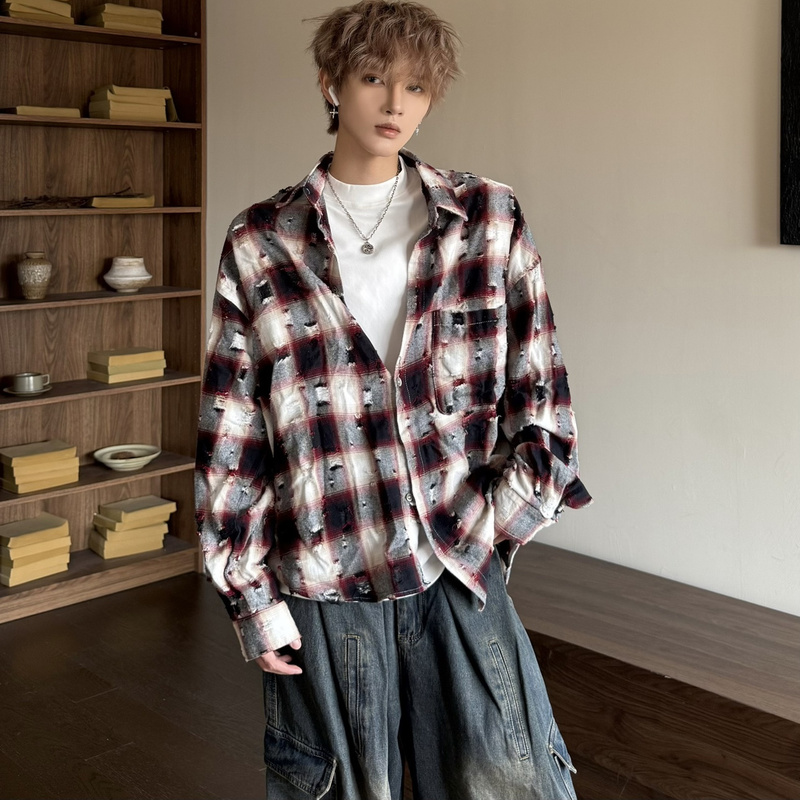 Astro Lab Niche High-End Black and Red Ripped Plaid Shirt Design Casual Versatile Long-Sleeved Shirt