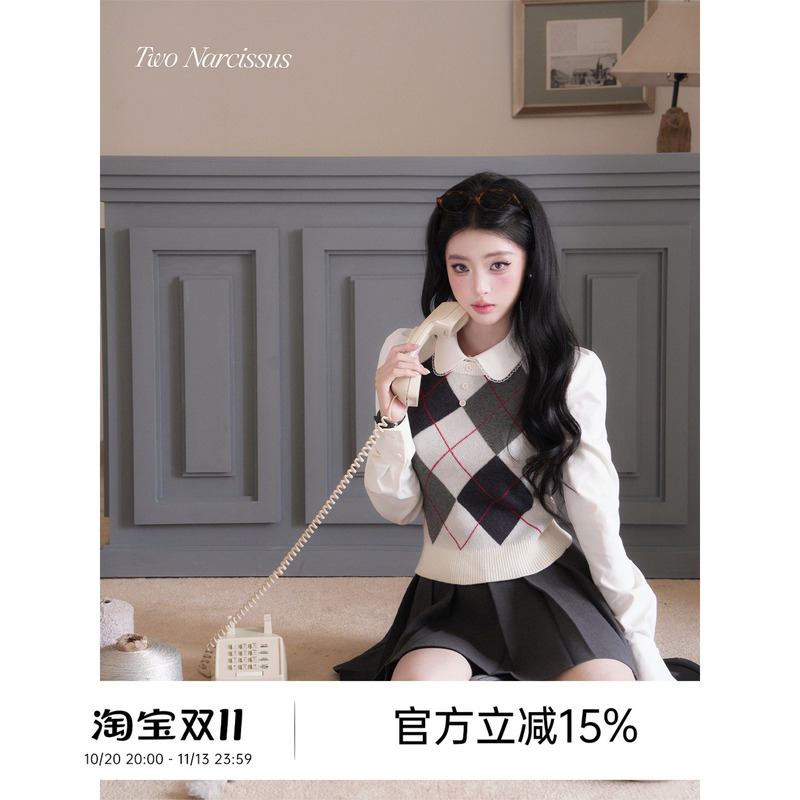Two Narcissus London Preppy 26F College Style Doll Collar Quilted Shirt Women's Long Sleeve Vintage Top
