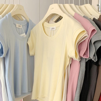 Guangzhou Thirteen Elements Women's European Raspberry Pink Short Sleeve U-Neck T-Shirt Right Shoulder T-Shirt Light Cream Yellow Hot Girl Top