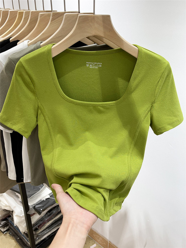 European Style High-Waisted Short Square-Neck Short-Sleeve T-Shirt for Women, 2026 Summer New Slim-Fit Fashionable Half-Circle Hem Top