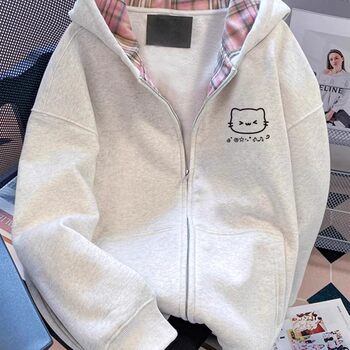 Korean Style Lazy and Cute Cat Sweatshirt Jacket for Women, Autumn and Winter Trendy Age-Reducing Plaid Patchwork Hooded Cardigan Top