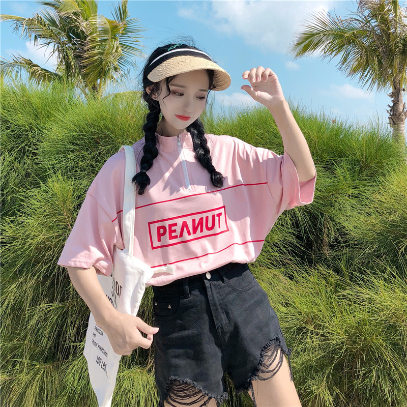 Đầu xuân Hồng Kông áo thun ngắn tay nữ 2019 Phiên bản Hàn Quốc của đồ lười lười là một bộ quần áo mschf hoang dã - Áo phông áo phông nữ hàn quốc