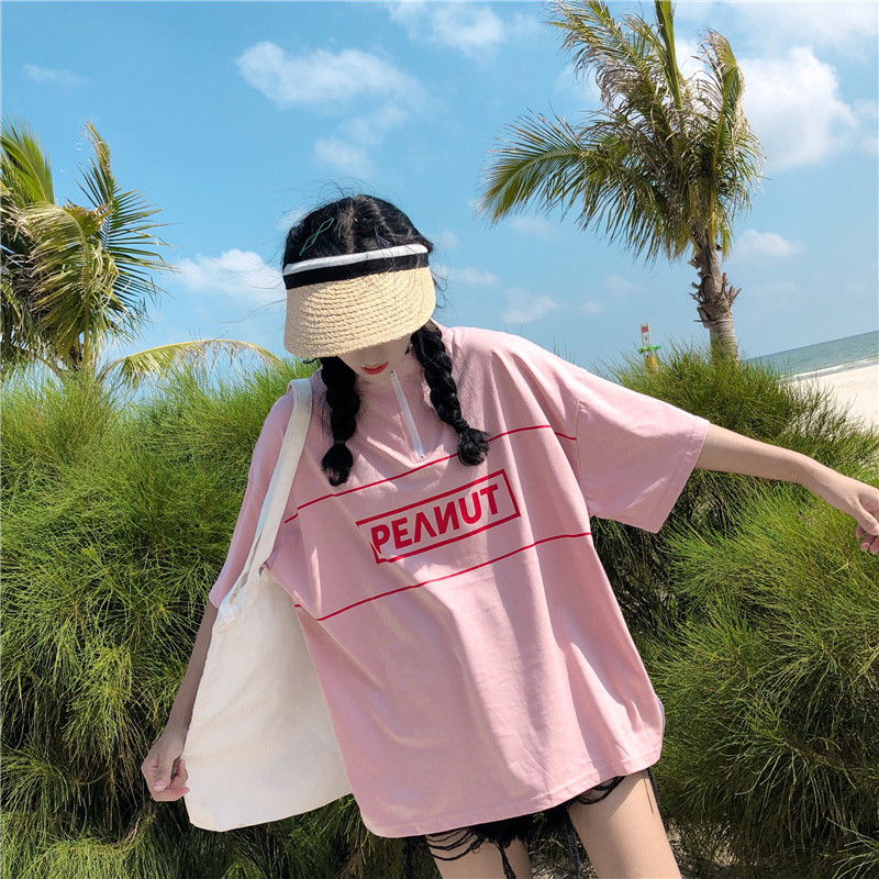 Đầu xuân Hồng Kông áo thun ngắn tay nữ 2019 Phiên bản Hàn Quốc của đồ lười lười là một bộ quần áo mschf hoang dã - Áo phông áo phông nữ hàn quốc