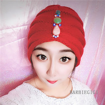 European and American Baroque street style folded retro contrast color knitted wool Xinjiang Muslim head scarf hooded hat