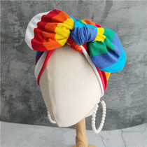 New Japanese and Korean trendy all-match rainbow stripe pure cotton elastic adjustable bow confinement air conditioner home Baotou hat