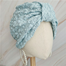 Korean sweet lady elegant hollow lace dark flower puff fabric light blue moon hat home hat Muslim