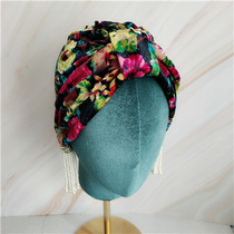 Original retro palace fashion flocking flower elastic breathable light luxury fashionable Muslim Yuezi Sen female Baotou cap