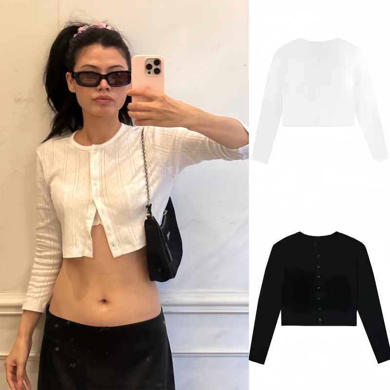 Cute Short Cardigan Knit Jacket for Women with Buttons, Thin Patchwork Lace Long-Sleeve Henry Top