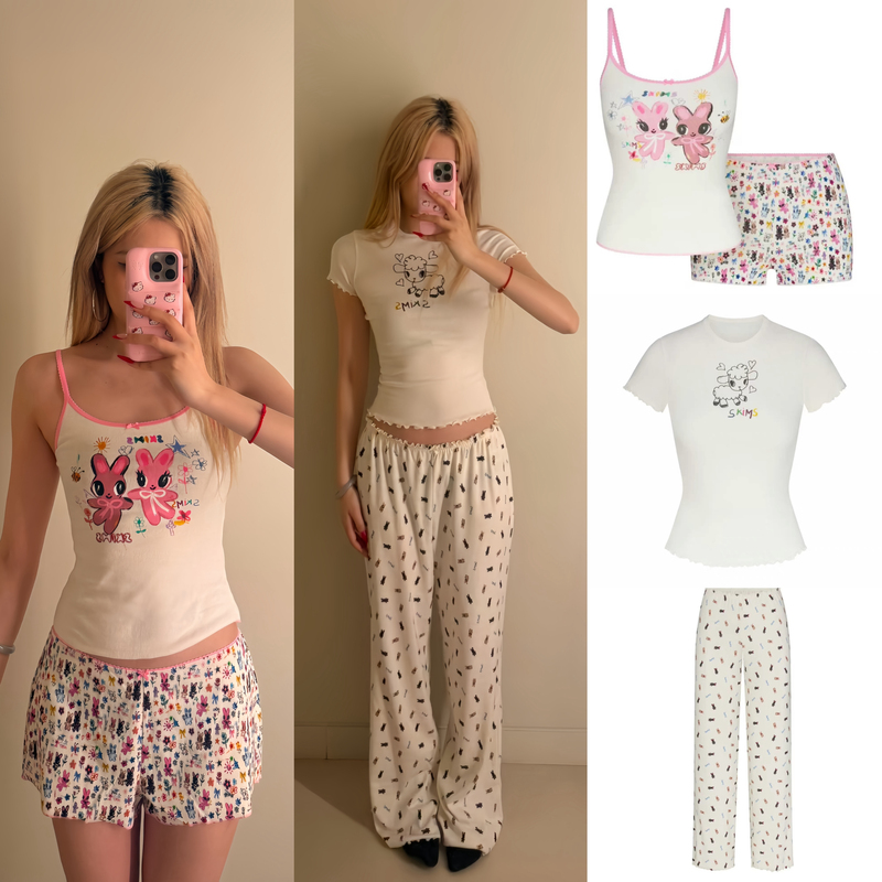 Skims Easter Logo Pointelle Lamb Short-Sleeve T-Shirt Long Pants Cartoon Graffiti Camisole Shorts