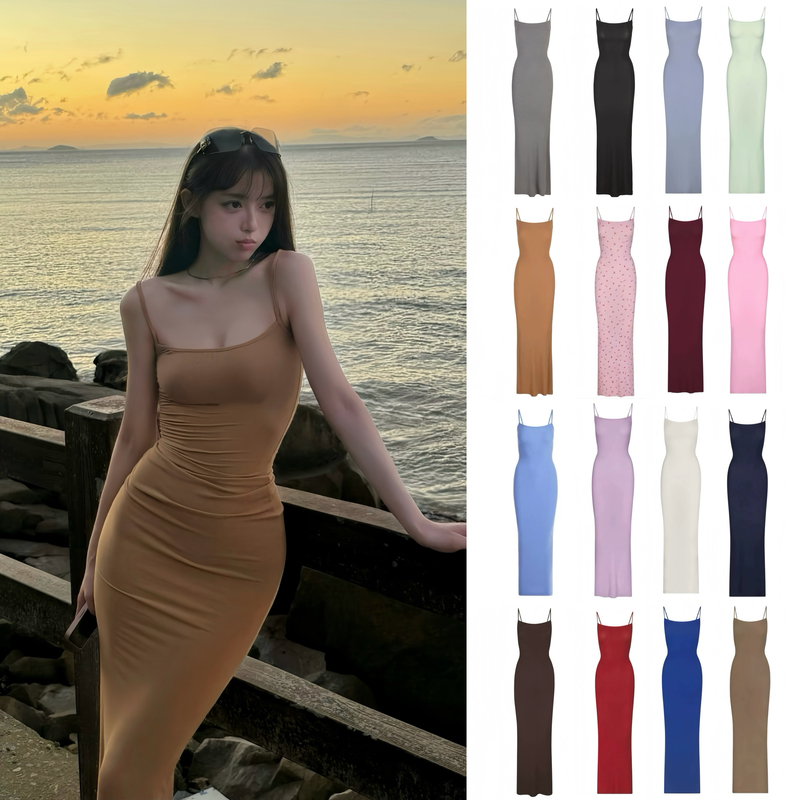 Skims Kardashian Zhao Lusi Style Spaghetti Strap Dress Ribbed Sexy Bodycon Body-Shaping Fishtail Long Dress