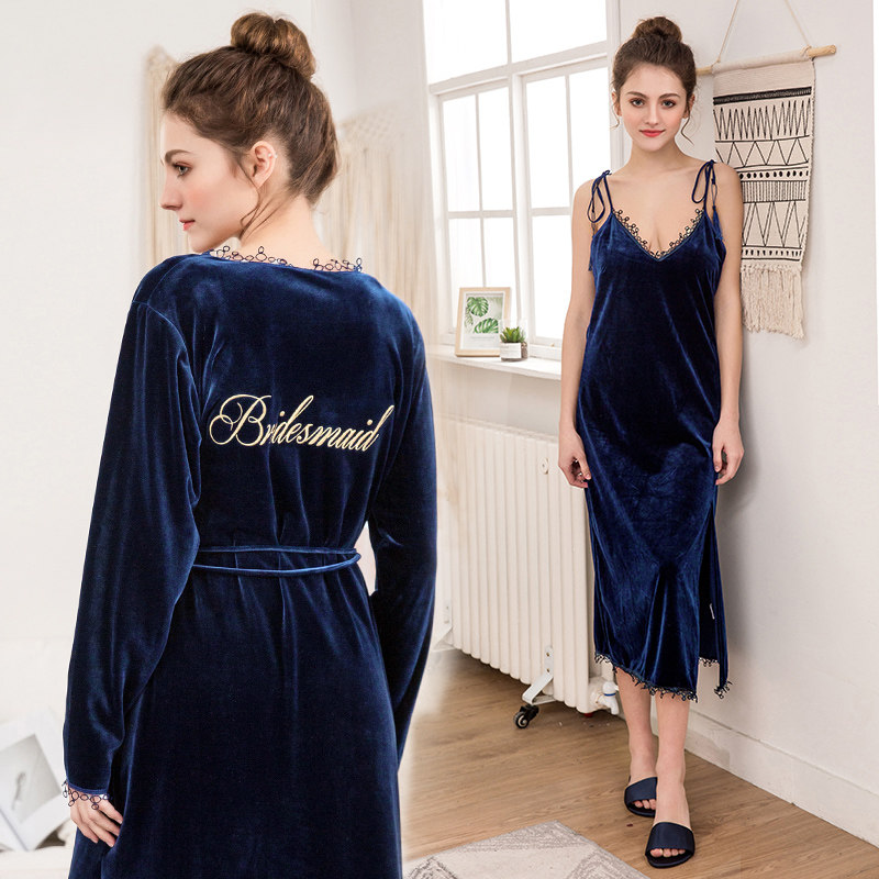 Wedding Bride Gold Velvet Bridesmaid Accompanied By a Sleeping Dress Grooming Robe Box Long Version Suit Winter Morning Gown Woman