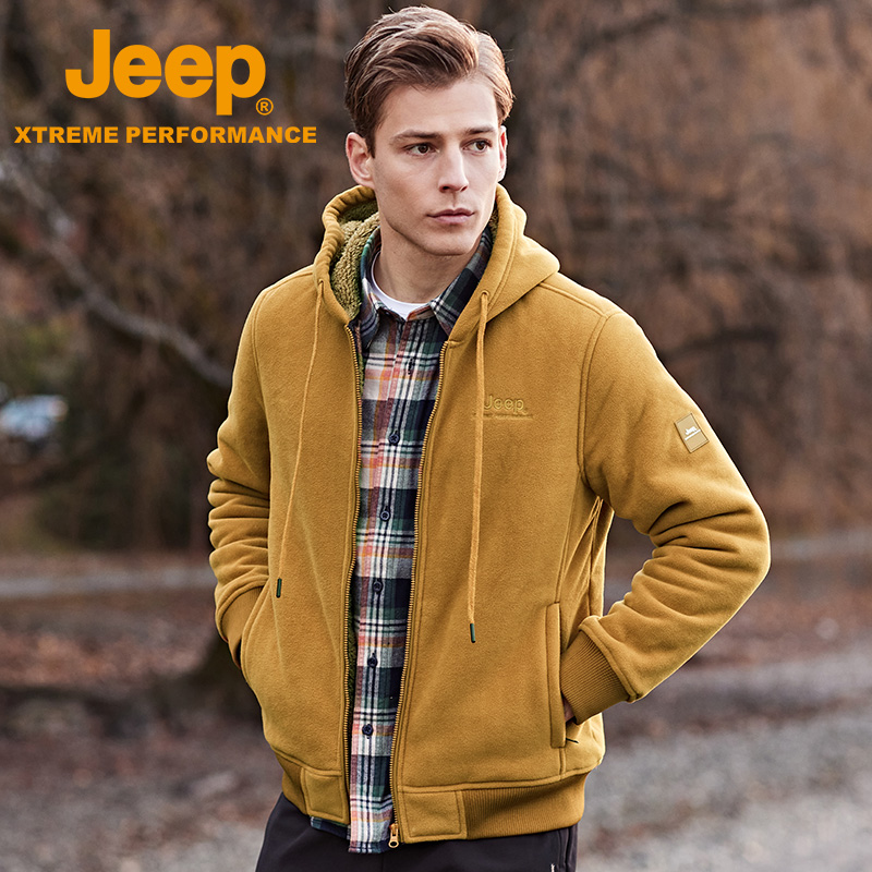 Jeep fleece jacket men's hooded thickened fleece top winter double-sided fleece warm outdoor fleece jacket