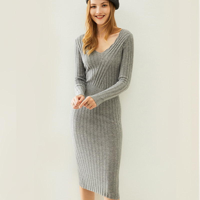 2020 slim V-neck solid color 100% wool knitted base sweater dress autumn and winter cardigan women's medium and long version of women