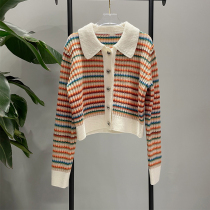2022 Spring New Sweet Love Button Sweater Rainbow Stripe Long Sleeve Knitted Shirt Women 3E1E503