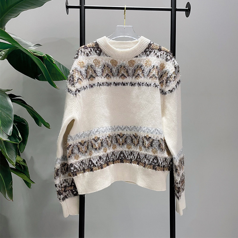 3E1E408 2022 Spring loaded with new retro style Lazy Wind Needling Jersey Woman Loose Bright Silk Jacquard Sweater Sweatshirt