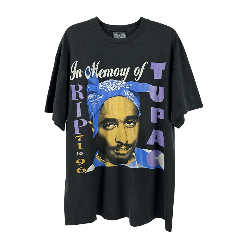 Mkszy 2Pac Blue Bandana Rap Vintage Tee Single Stitch Screen Printing Retro Washed Short-Sleeve T-Shirt