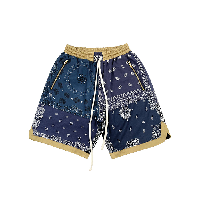 Mkszy Retro Blue Paisley Pattern Patchwork Loose Casual Shorts for Men, Ice-Feel Beach Shorts