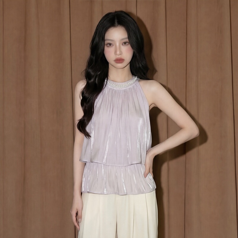 Purple Halter Neck Sleeveless Top for Women, Summer French-Style Vest, Doll Shirt, Dopamine-Inspired, Elegant and Fairy-Like Chiffon Blouse