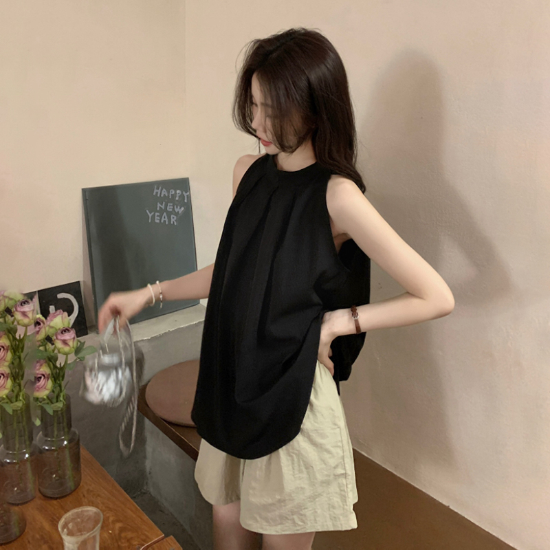 黒のノースリーブホルターネックトップ、女性用夏2025新作フレンチオフショルダーベビードールトップ、キャミソールベスト、ハイエンドウェア