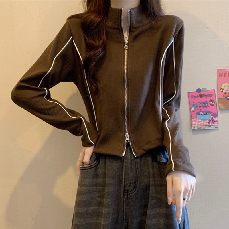 Brown Short-Style Zhongshan Sweatshirt Jacket for Women, Early Autumn, Maillard Style, Shandong Jimo, Petite High-Waisted Regular Shoulder Top