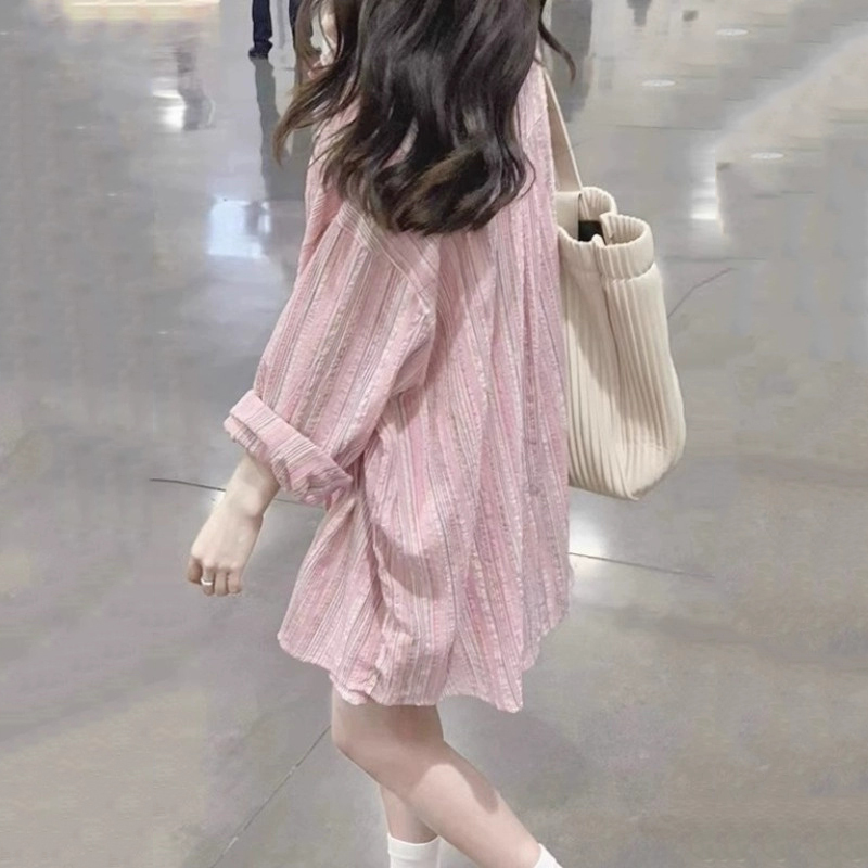 Pink Mid-Length Sun Protection Shirt for Women, Summer Sheer Tencel Cardigan Shirt, Outerwear Guangdong Puning Spring Outfit Top