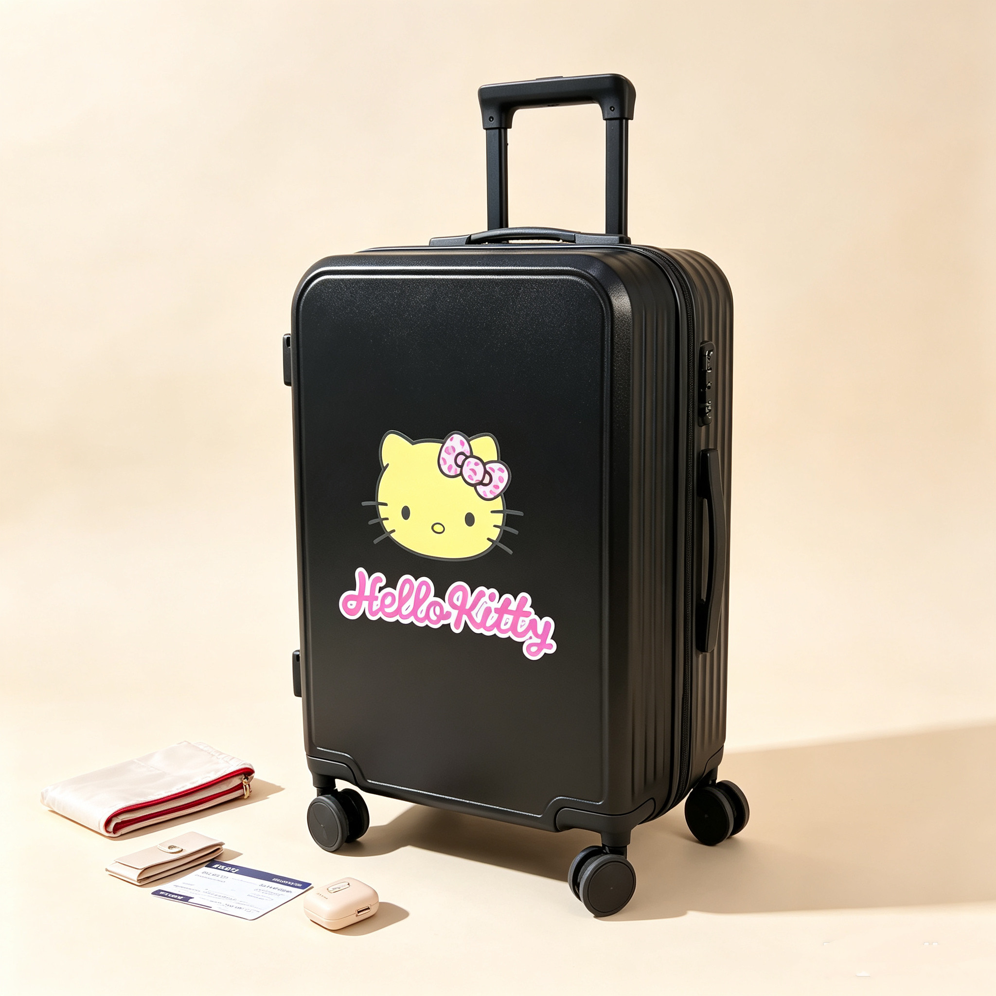 Black Kitty cartoon suitcase, 20-26 inch, multi-functional, large capacity, sturdy and durable, with universal wheels.