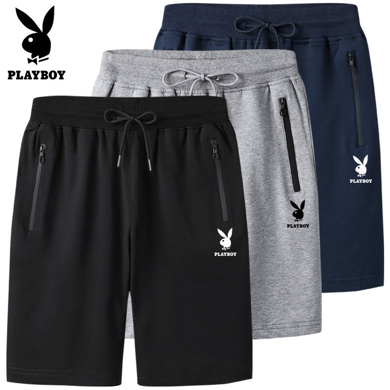 Playboy shorts men's summer five-point pants pure cotton sports fat home big pants casual beach pants