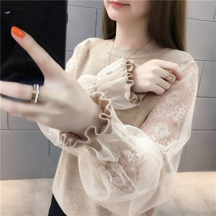 2022 autumn winter clothing new web-yarn-knitted sweatshirt Korean version lace jersey undershirt sweater lantern sleeves head clothes women