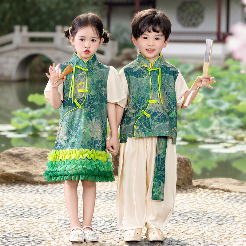 Children's Chinese-Style Hanfu Green Girls' Qipao Dress Performance Outfit Boys' Tang Suit Chorus Costume June 1St Stage Performance Outfit