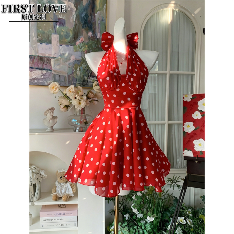 Sunset Ball French Retro Red Polka Dot Halter Neck Dress with Waist Tie and Bow Puffy Skirt Gown Sunset Ball French Retro Red Polka Dot Halter Neck Dress with Waist Tie and Bow Puffy Skirt Gown