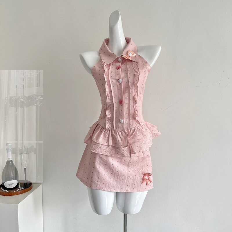 Pure Lust Style Sweet Halterneck Sleeveless Lace Top for Women Summer New Temperament Waist Slimming Look Hip Skirt Two-Piece Set