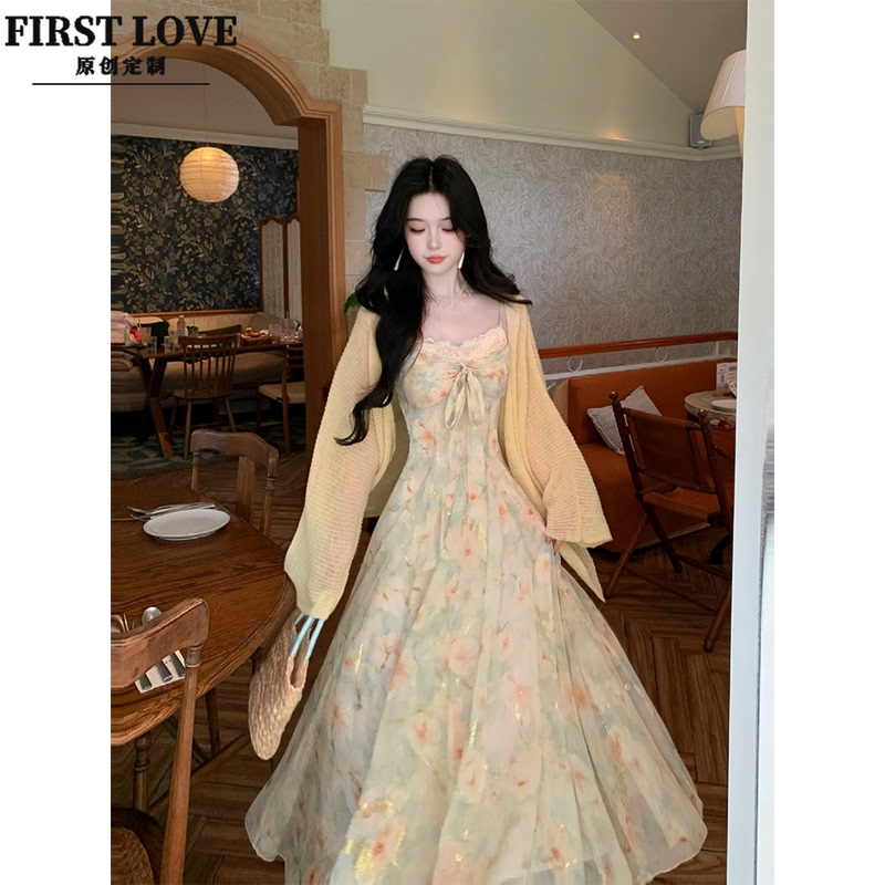 Xinrui Atmospheric Fresh Floral Waist Bronzing Large Swing Skirt Summer New Bow Suspender Dress