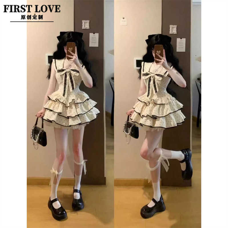 Navy Doll Girly Navy Collar Backless Bow Dress Polka Dot Holiday Style Fluffy Cake Skirt