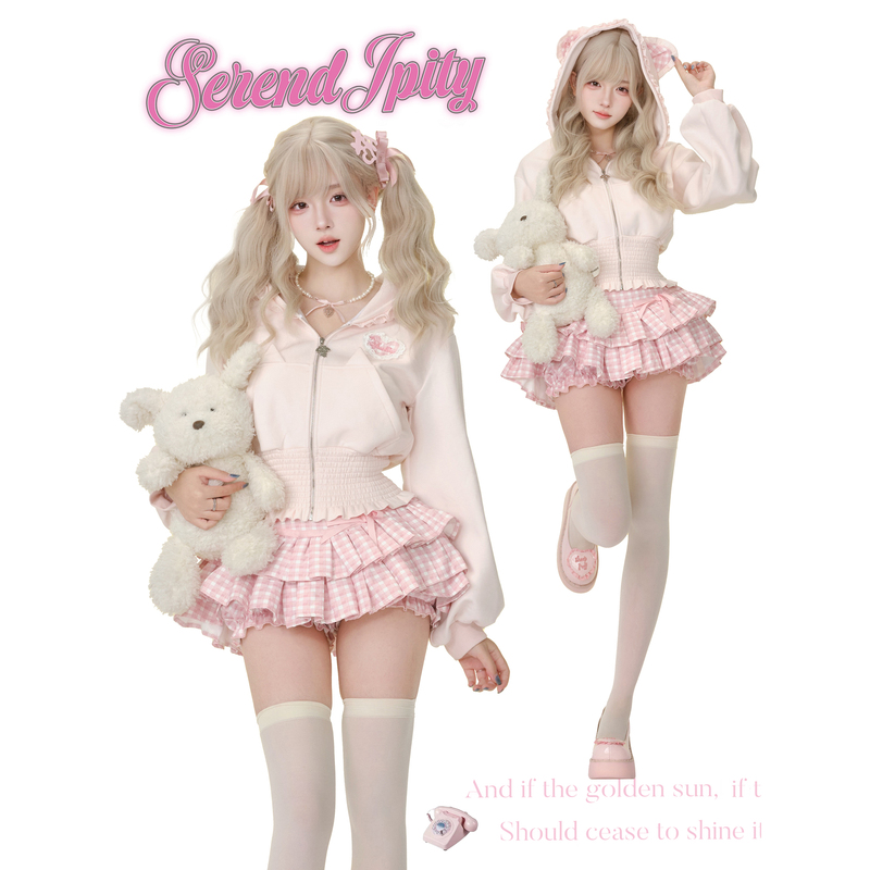 Daily Style Sugar Water Cat Pink Girly Long-Sleeved Hooded Sweatshirt Winter Short Coat Plaid Cake Skirt