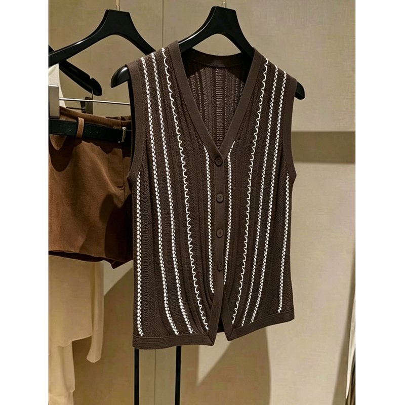 High-End Coffee-Colored Striped V-Neck Single-Breasted Knitted Vest for Women, Summer Style, Versatile, Slimming, Sleeveless Top