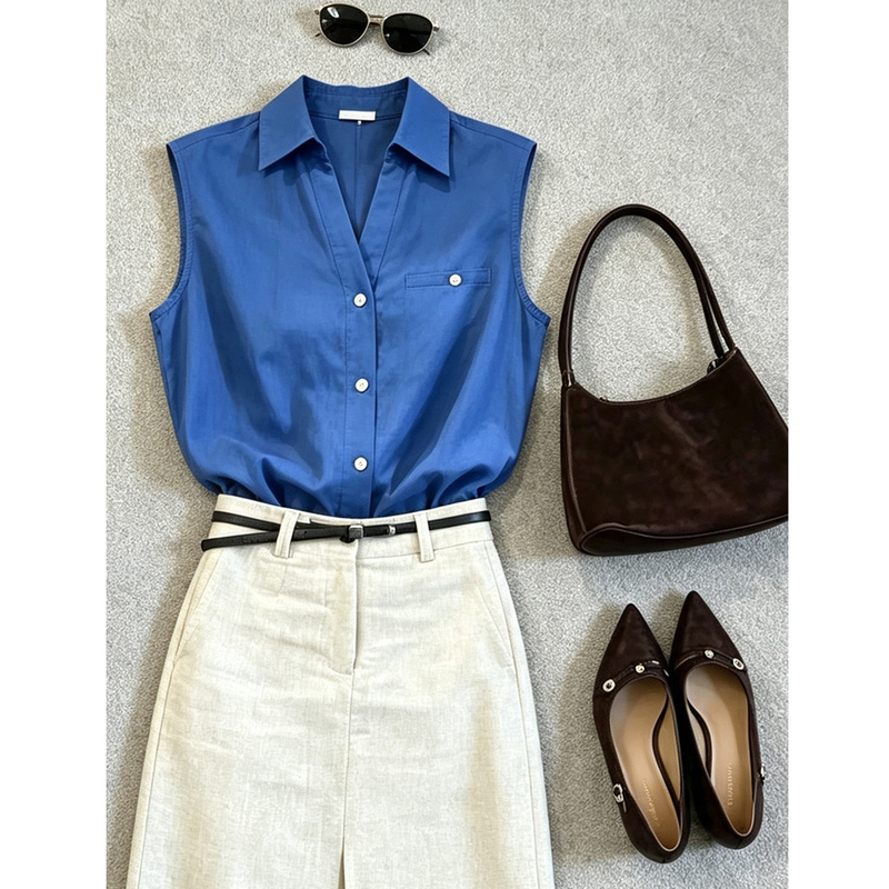 Fashionable Commuting Klein Blue Polo Collar Sleeveless Vest Shirt for Women, New Summer Style, Unique and Stylish Loose Top