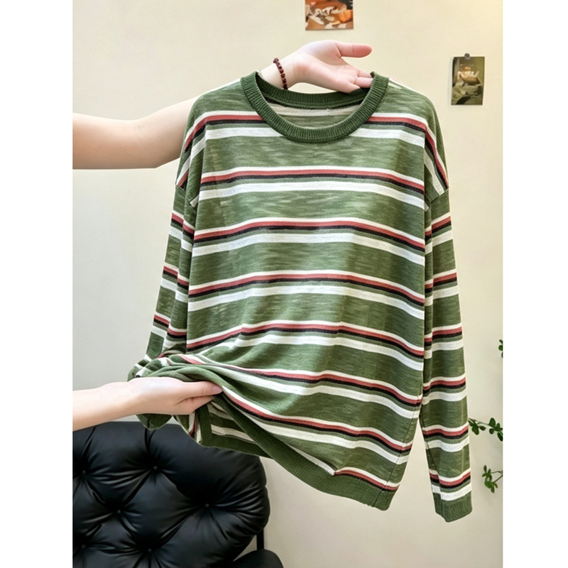 Casual Lazy Style Green Striped Round Neck Knitted Long-Sleeved T-Shirt for Women Early Autumn New French Style Loose Top for Work Clothing