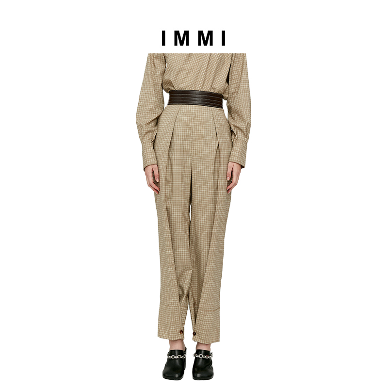 (Designer brand IMMI) SAVI same plaid worsted wool stitching tapered trousers 192PT030X