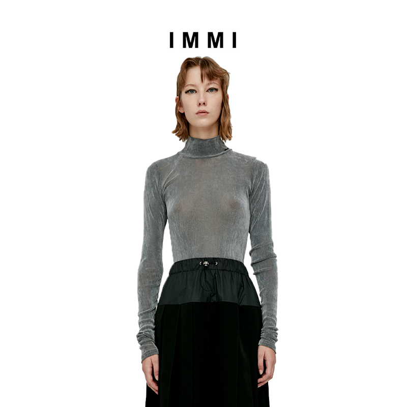 (designer brand IMMI) pure color flannel cherry embroidered semi-high collar mesh yarn undershirt 192TP007B