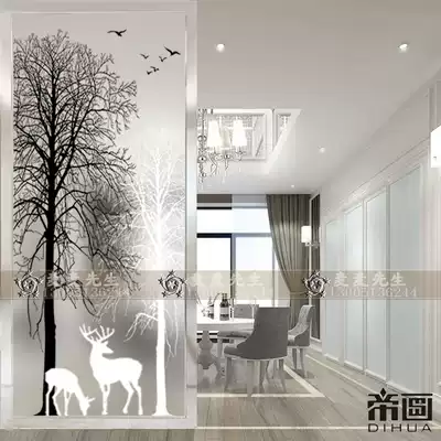 Modern art glass screen partition frosted light transmission living room shoe cabinet decoration porch Wall simple black and white tree