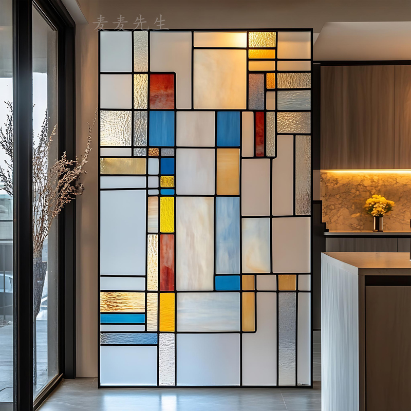 Retro European and American Style Tiffany Colored Church Screen Partition Background Wall Doors and Windows Translucent Art Glass Entrance