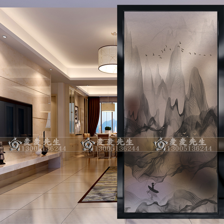 Modern ink painting art glass double-sided translucent screen partition porch living room door corridor decoration abstract landscape