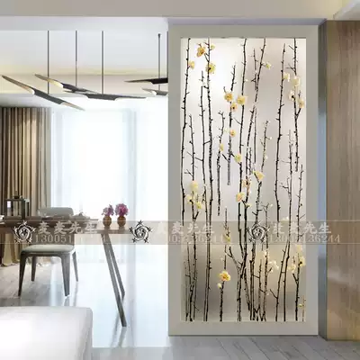 Modern simple art glass screen partition living room entrance background wall bathroom moving door deep carving process plum blossom branch