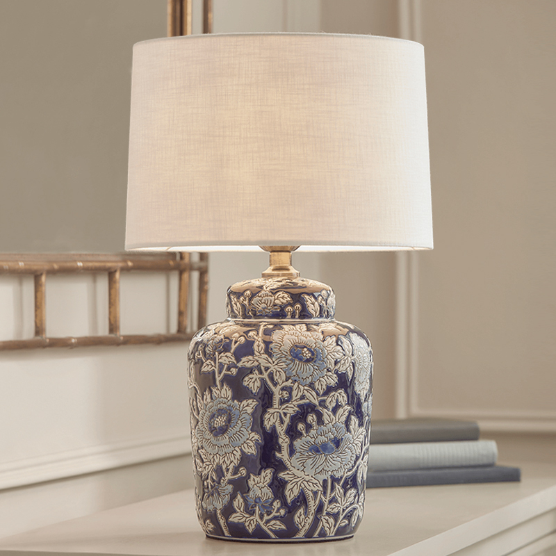 Oriental Paris Blue and White Porcelain'Floral Peony' Bedroom Bedside Lamp High-End Light Luxury Table Lamp 2026 New Model