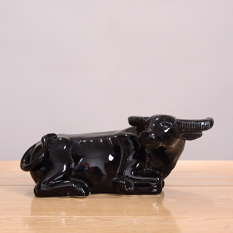 Porcelain Black Buffalo Figurine Ceramic Zodiac Ox Feng Shui Bull Wealth-Attracting Home Decoration Wall Street Bull Entrance Decoration
