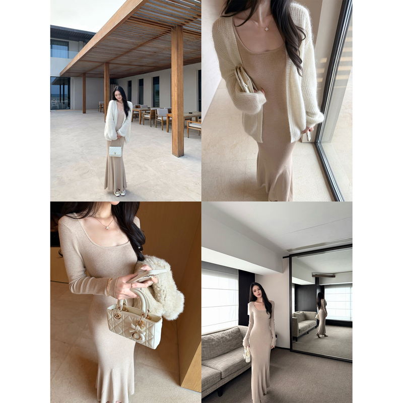 5Werkwen Intellectual Goddess Dress Mulberry Silk Wool Ribbed Slimming Square Neck Mermaid Knit Dress 5Werkwen Intellectual Goddess Dress Mulberry Silk Wool Ribbed Slimming Square Neck Mermaid Knit Dress